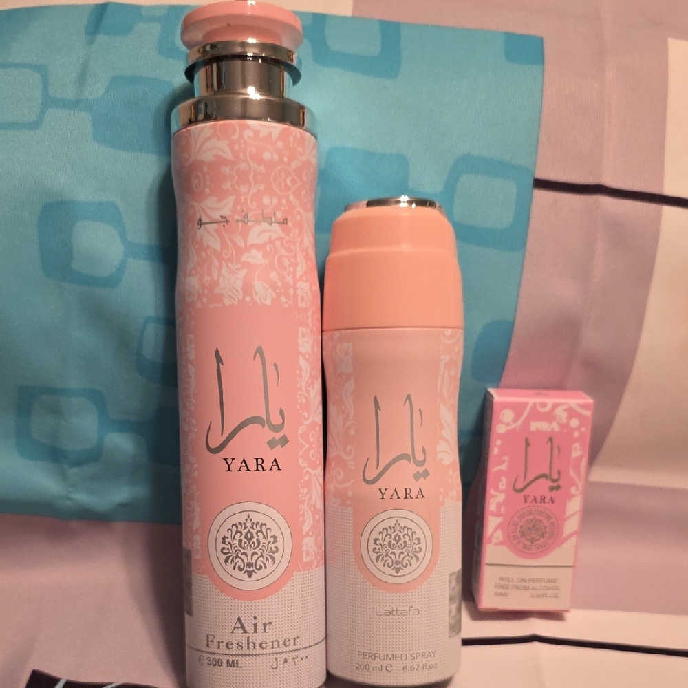 Lattafa Yara Pink Air Freshener and Perfumed Spray, Roll-on Set.